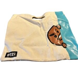 BT21 Line Friends Shooky Canvas Tote Bag Cream Blue Shoulder Handbag 14x17